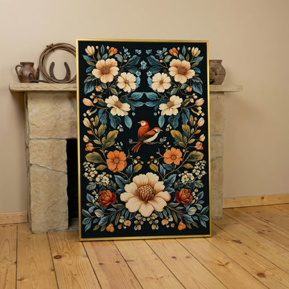 Botanical Bird and Floral Canvas Print in yellow gold floating frame