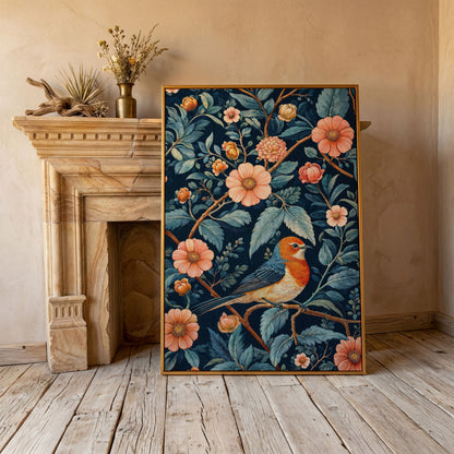 William Morris Bird and Floral Canvas Print in antique gold floating frame