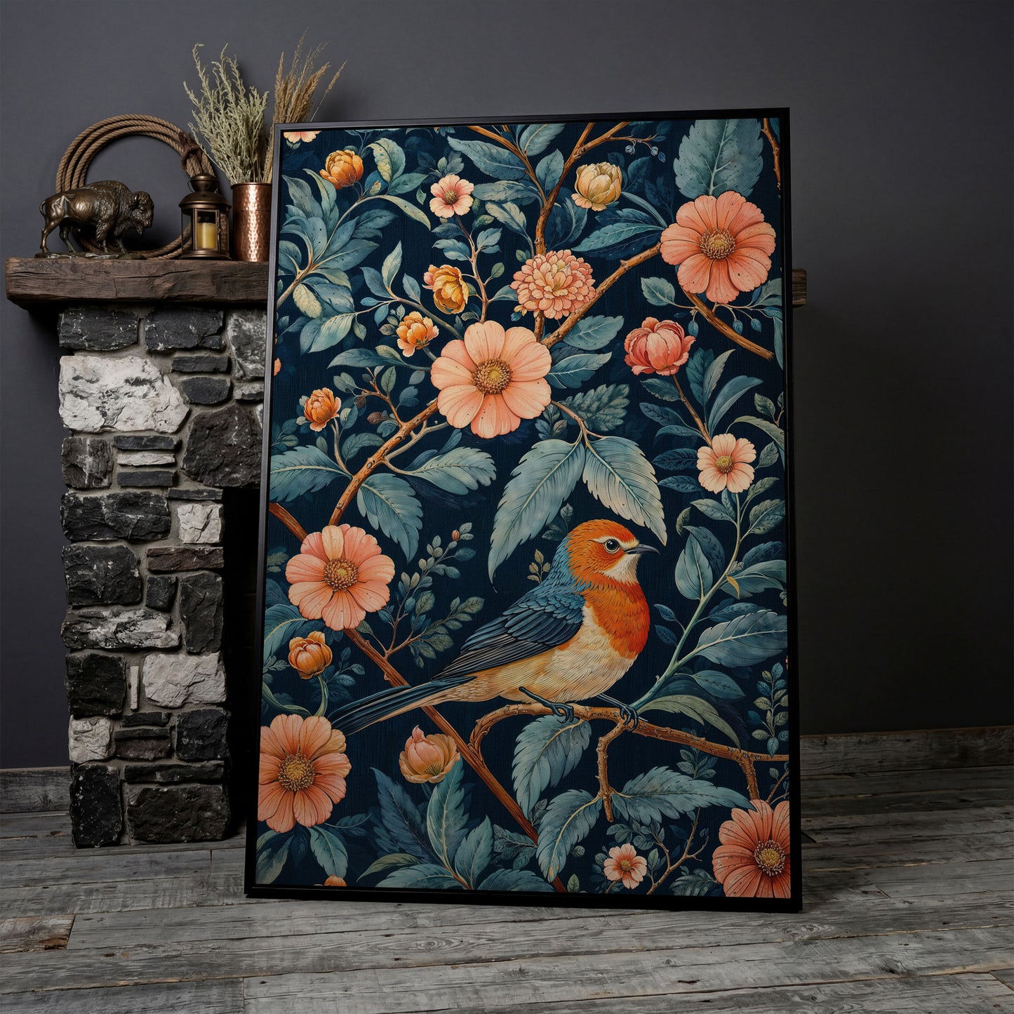 William Morris Bird and Floral Canvas Print in black floating frame
