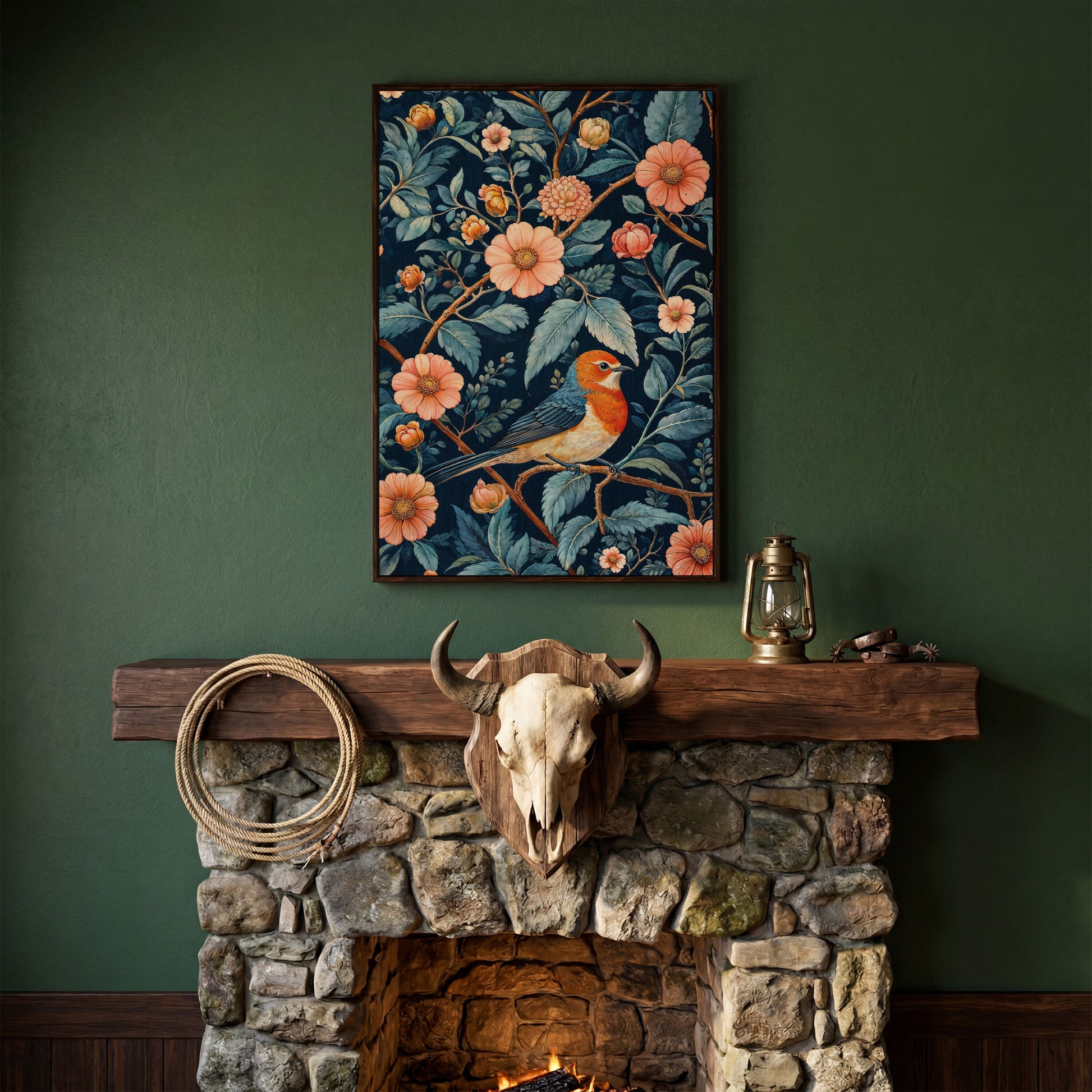 William Morris Bird and Floral Canvas Print in dark walnut floating frame