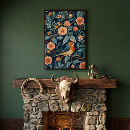 William Morris Bird and Floral Canvas Print in dark walnut floating frame