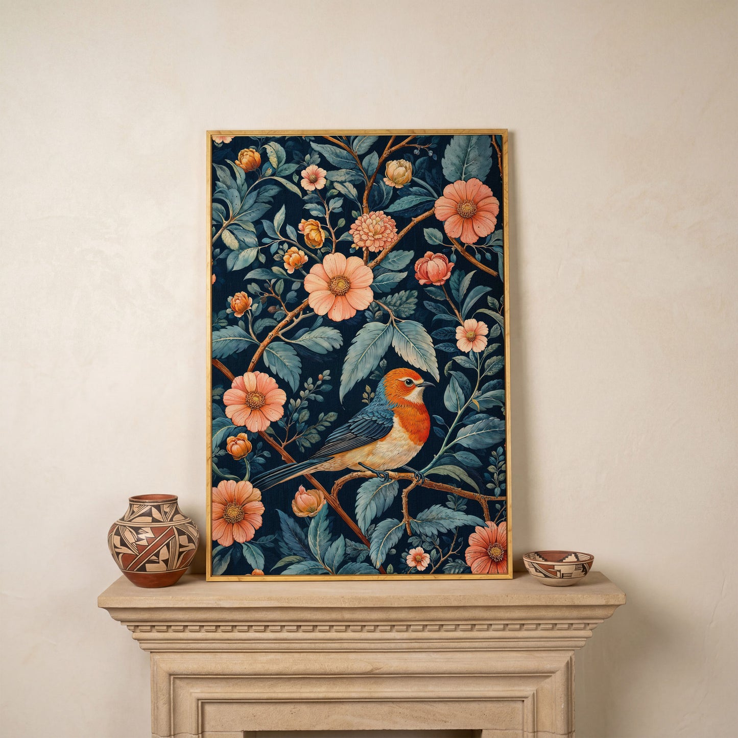 William Morris Bird and Floral Canvas Print in white oak floating frame