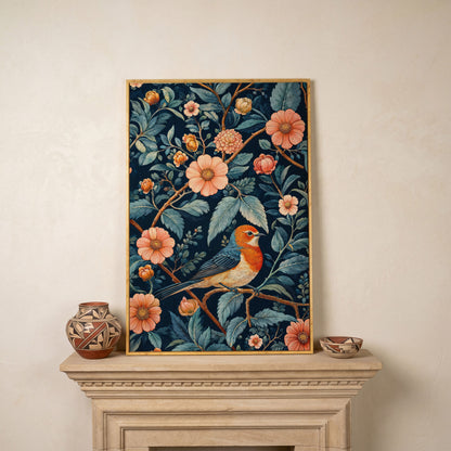 William Morris Bird and Floral Canvas Print in white oak floating frame