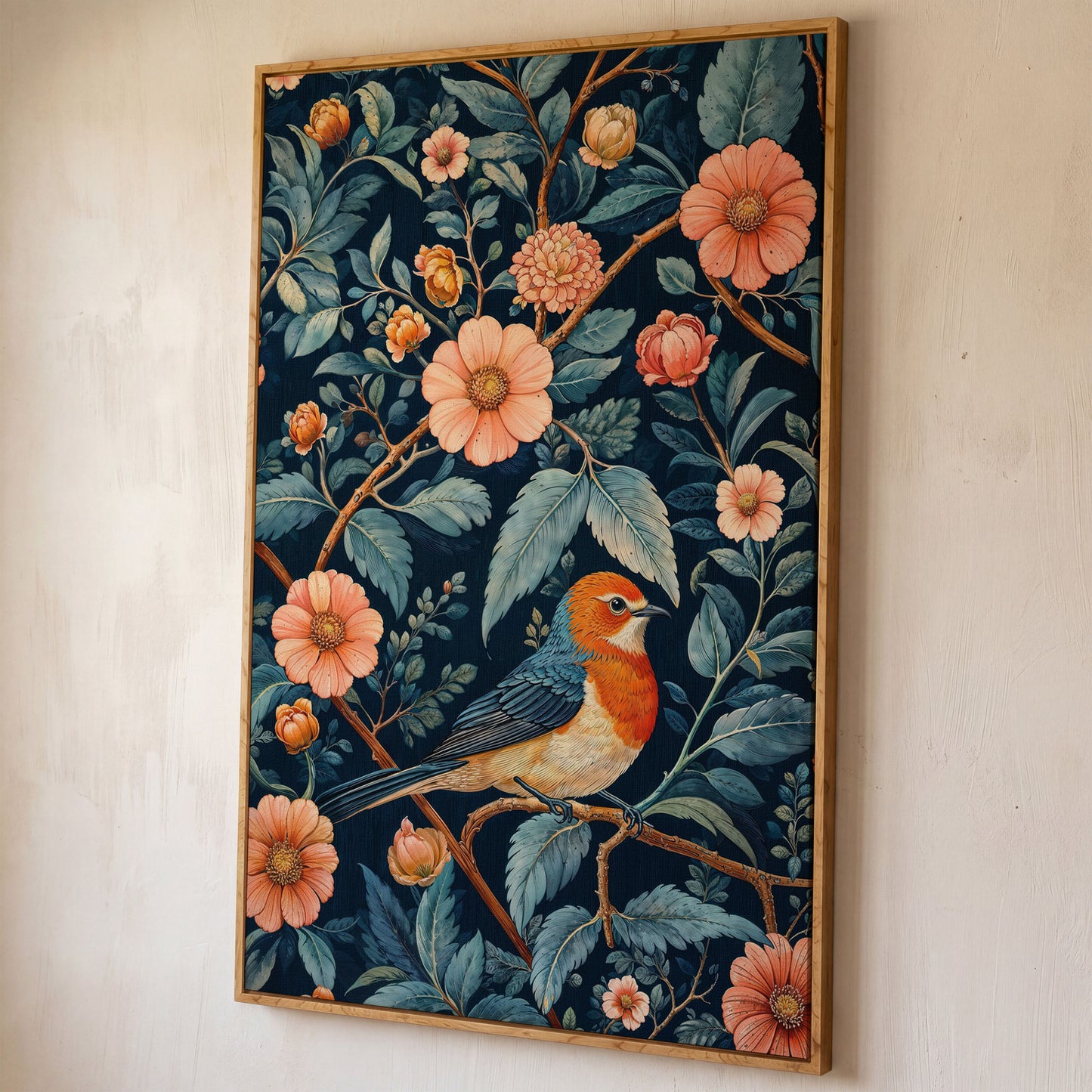 William Morris Bird and Floral Canvas Print shown in white oak floating frame