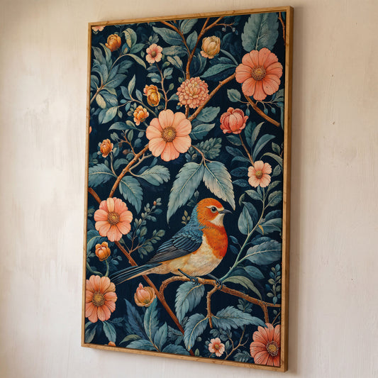 William Morris Bird and Floral Canvas Print shown in white oak floating frame