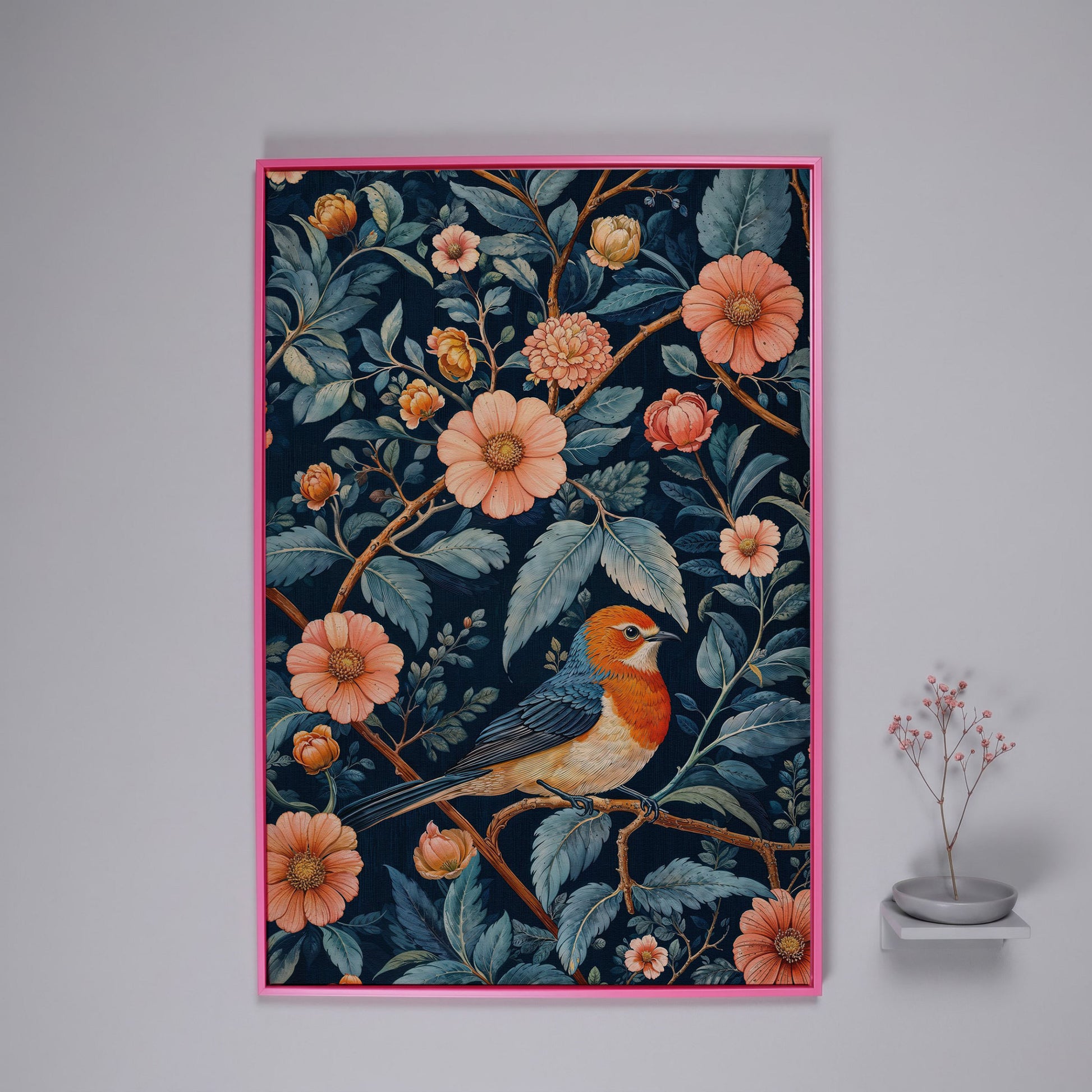 William Morris Bird and Floral Canvas Print in pink floating frame