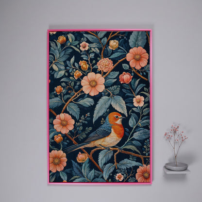 William Morris Bird and Floral Canvas Print in pink floating frame