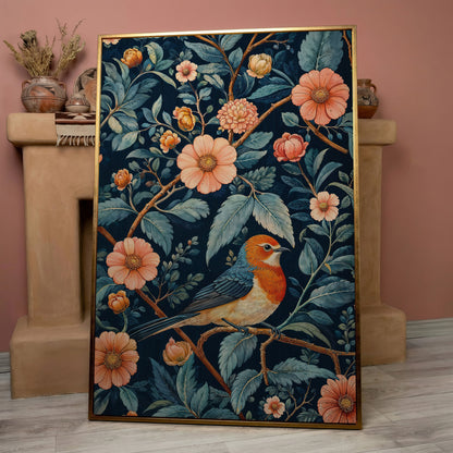 William Morris Bird and Floral Canvas Print in rose gold floating frame