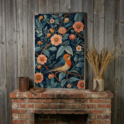 William Morris Bird and Floral Canvas Print in silver floating frame