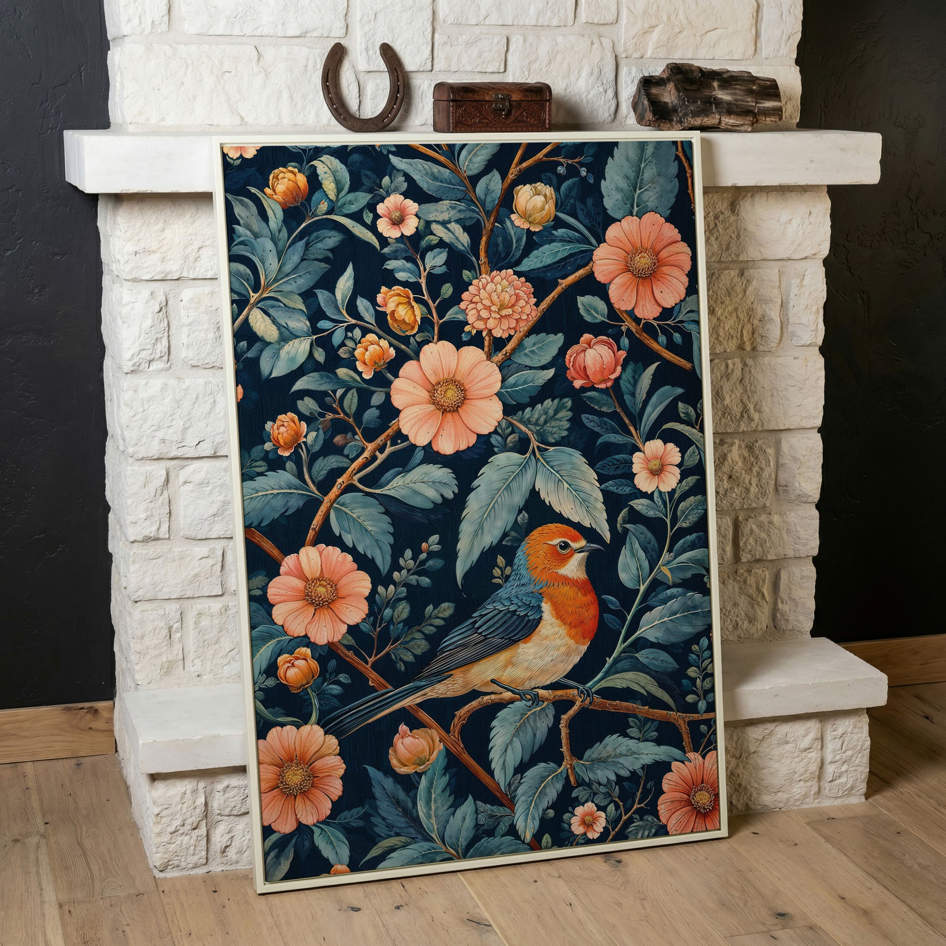 William Morris Bird and Floral Canvas Print in white floating frame