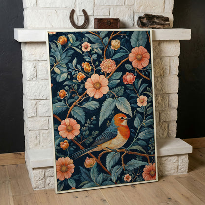 William Morris Bird and Floral Canvas Print in white floating frame