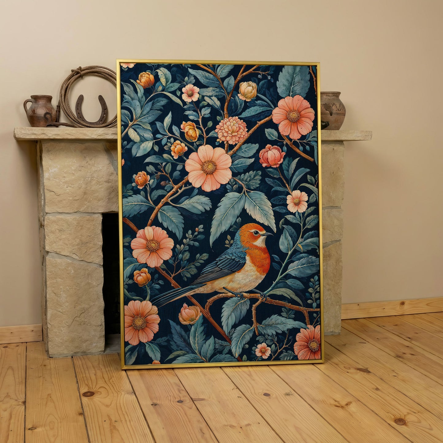 William Morris Bird and Floral Canvas Print in yellow gold floating frame