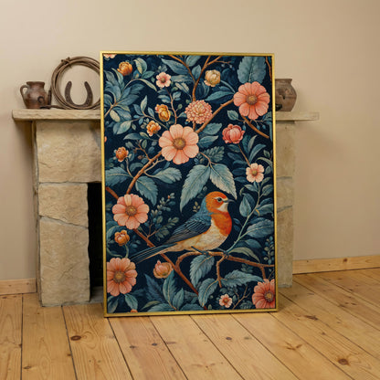 William Morris Bird and Floral Canvas Print in yellow gold floating frame