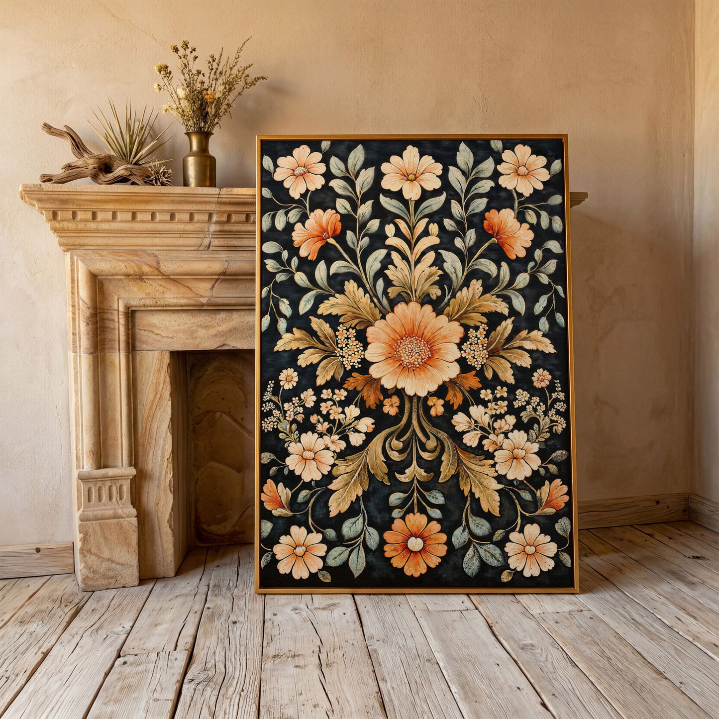 William Morris Vintage Floral Canvas in Burnt Orange and Teal in antique gold floating frame