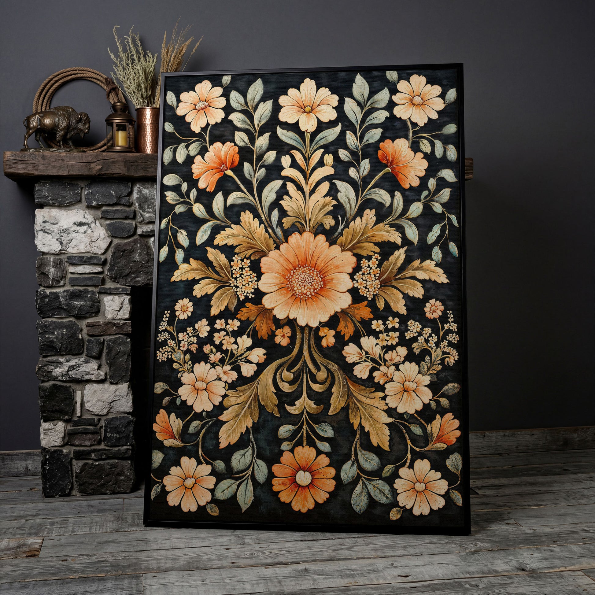 William Morris Vintage Floral Canvas in Burnt Orange and Teal in black floating frame