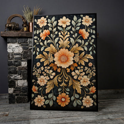 William Morris Vintage Floral Canvas in Burnt Orange and Teal in black floating frame