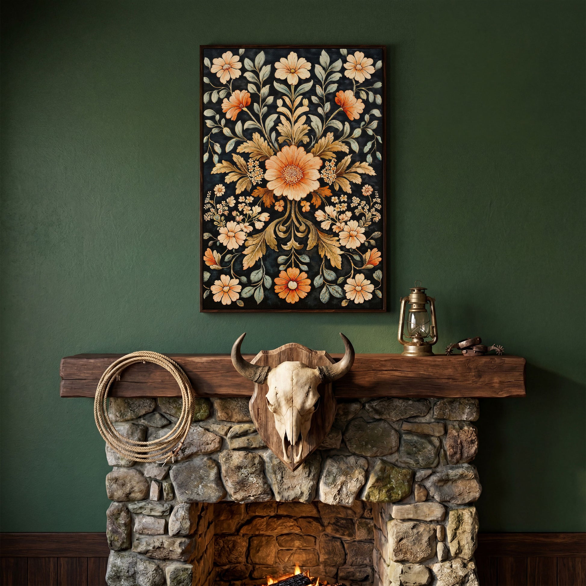 William Morris Vintage Floral Canvas in Burnt Orange and Teal in dark walnut floating frame