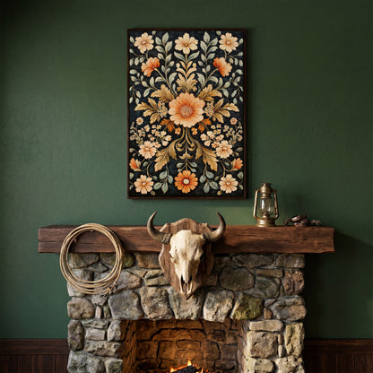 William Morris Vintage Floral Canvas in Burnt Orange and Teal in dark walnut floating frame