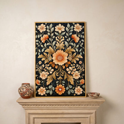 William Morris Vintage Floral Canvas in Burnt Orange and Teal in white oak floating frame