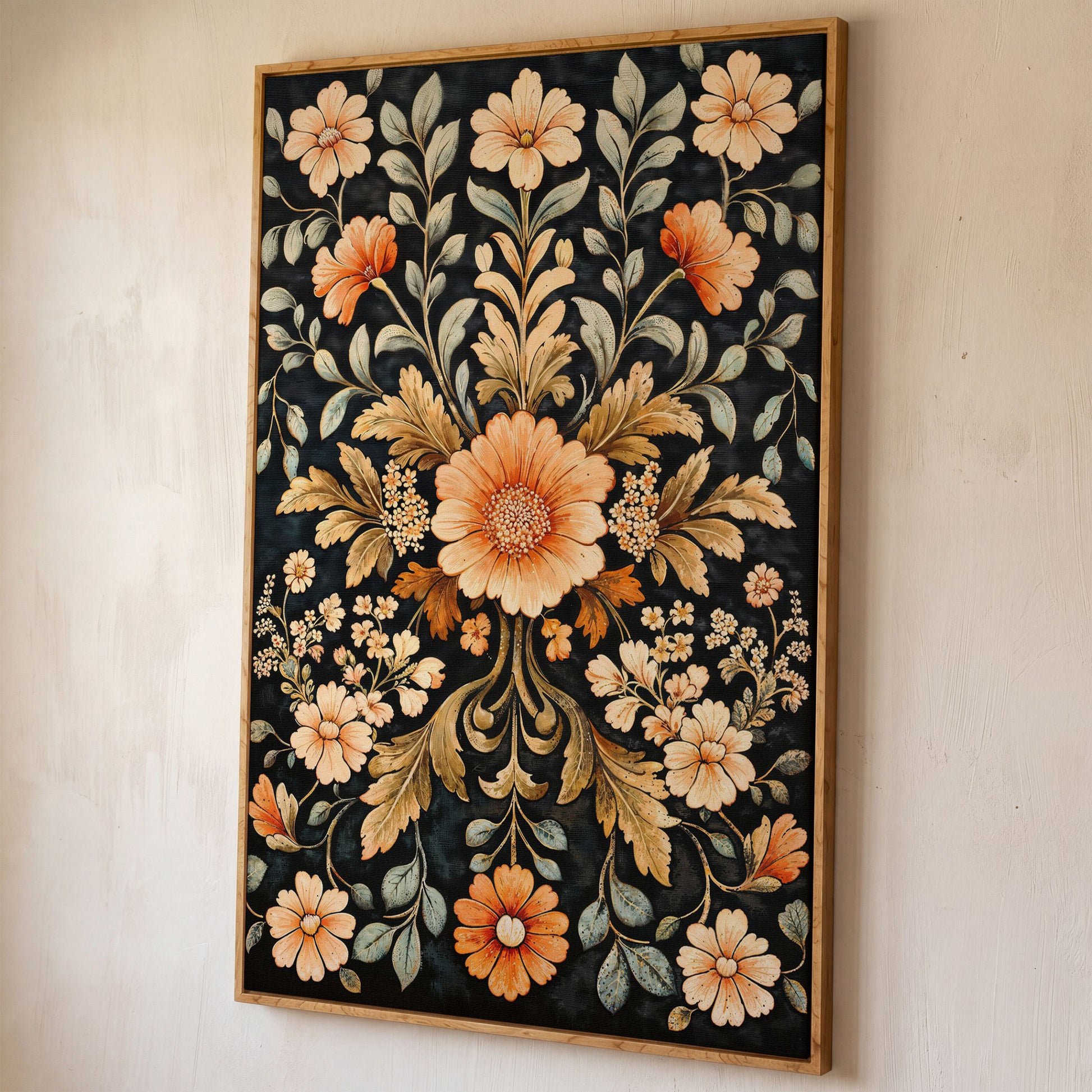 William Morris Vintage Floral Canvas in Burnt Orange and Teal shown in white oak floating frame