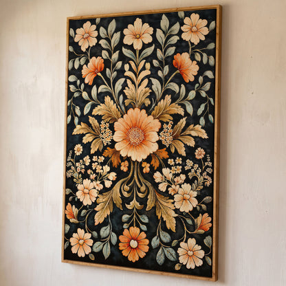 William Morris Vintage Floral Canvas in Burnt Orange and Teal shown in white oak floating frame