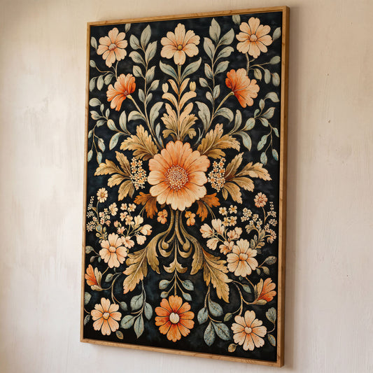 William Morris Vintage Floral Canvas in Burnt Orange and Teal shown in white oak floating frame