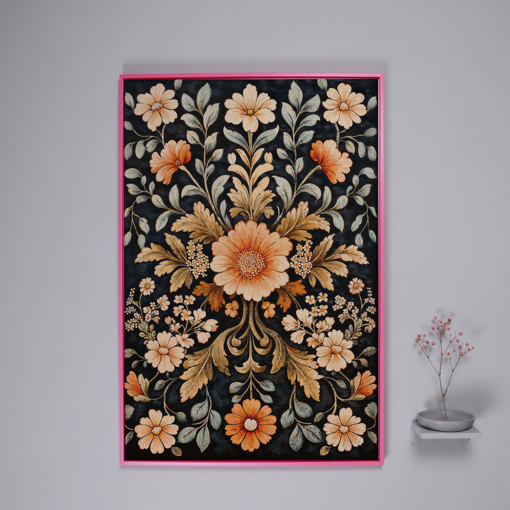 William Morris Vintage Floral Canvas in Burnt Orange and Teal in pink floating frame