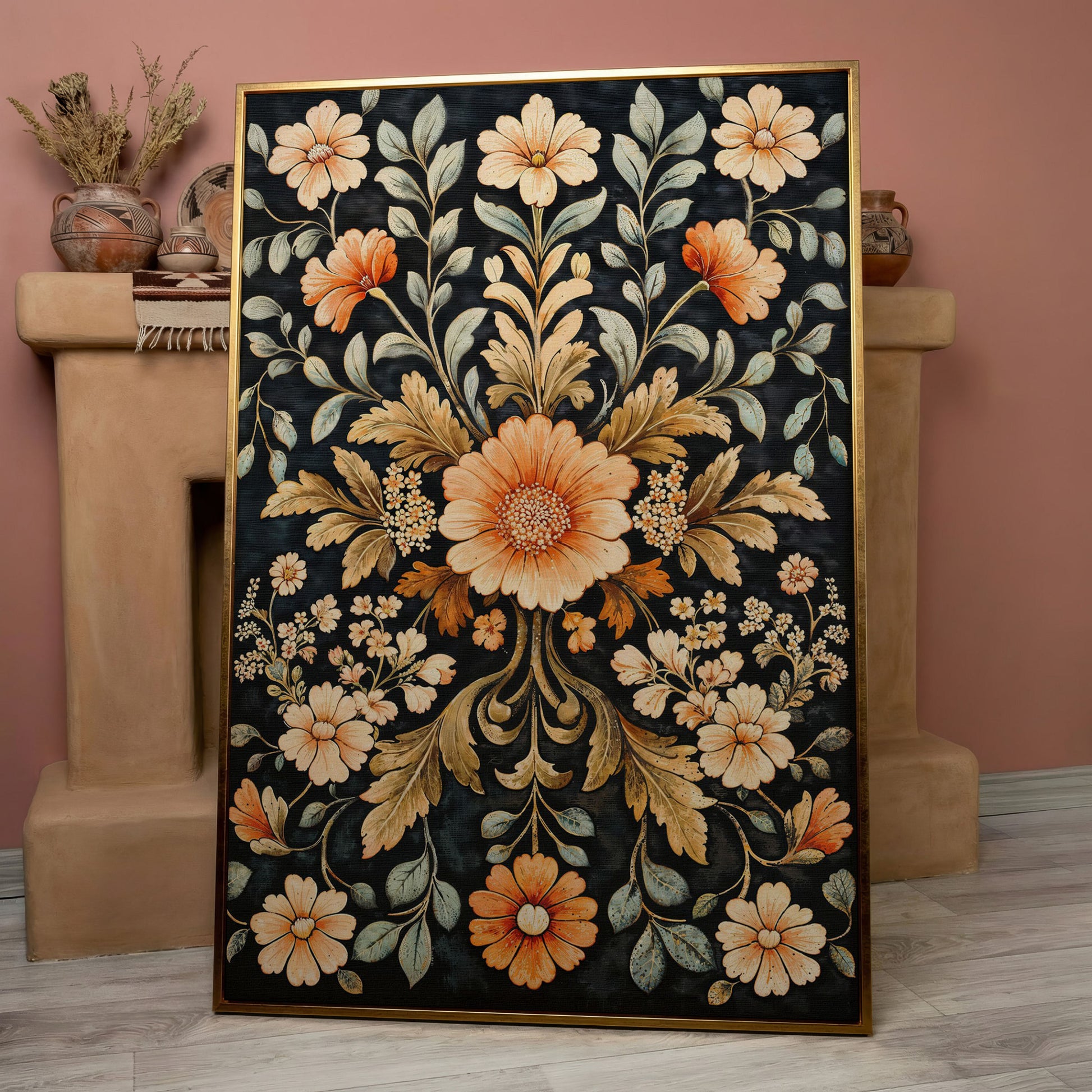 William Morris Vintage Floral Canvas in Burnt Orange and Teal in rose gold floating frame