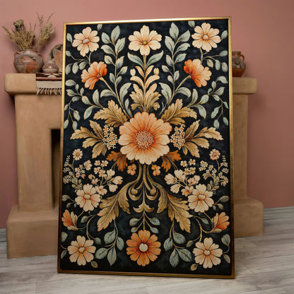 William Morris Vintage Floral Canvas in Burnt Orange and Teal in rose gold floating frame
