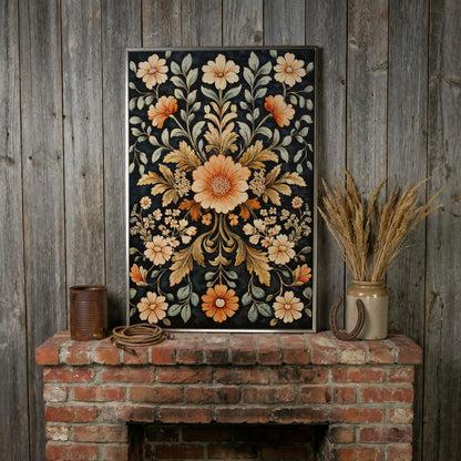 William Morris Vintage Floral Canvas in Burnt Orange and Teal in silver floating frame