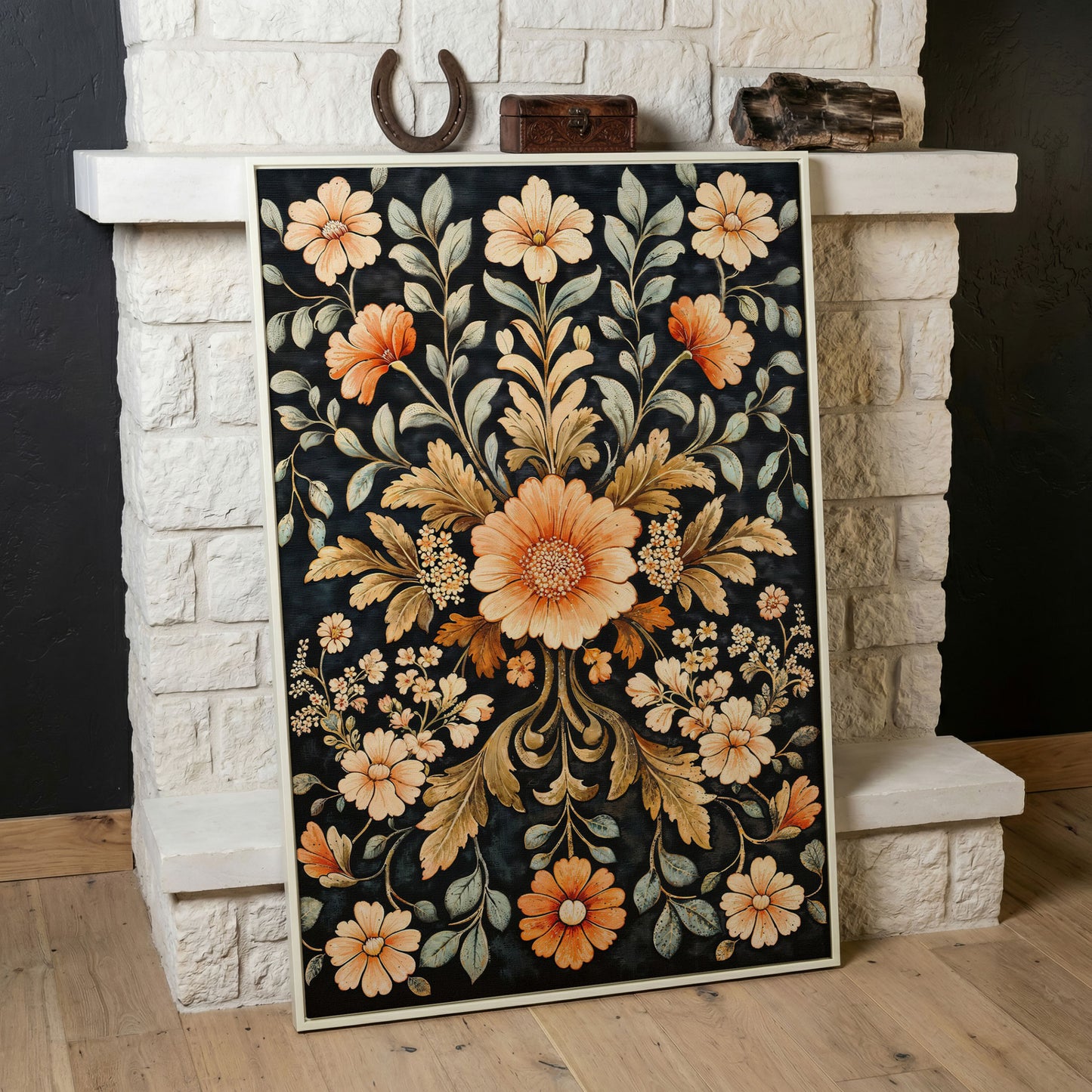 William Morris Vintage Floral Canvas in Burnt Orange and Teal in white floating frame