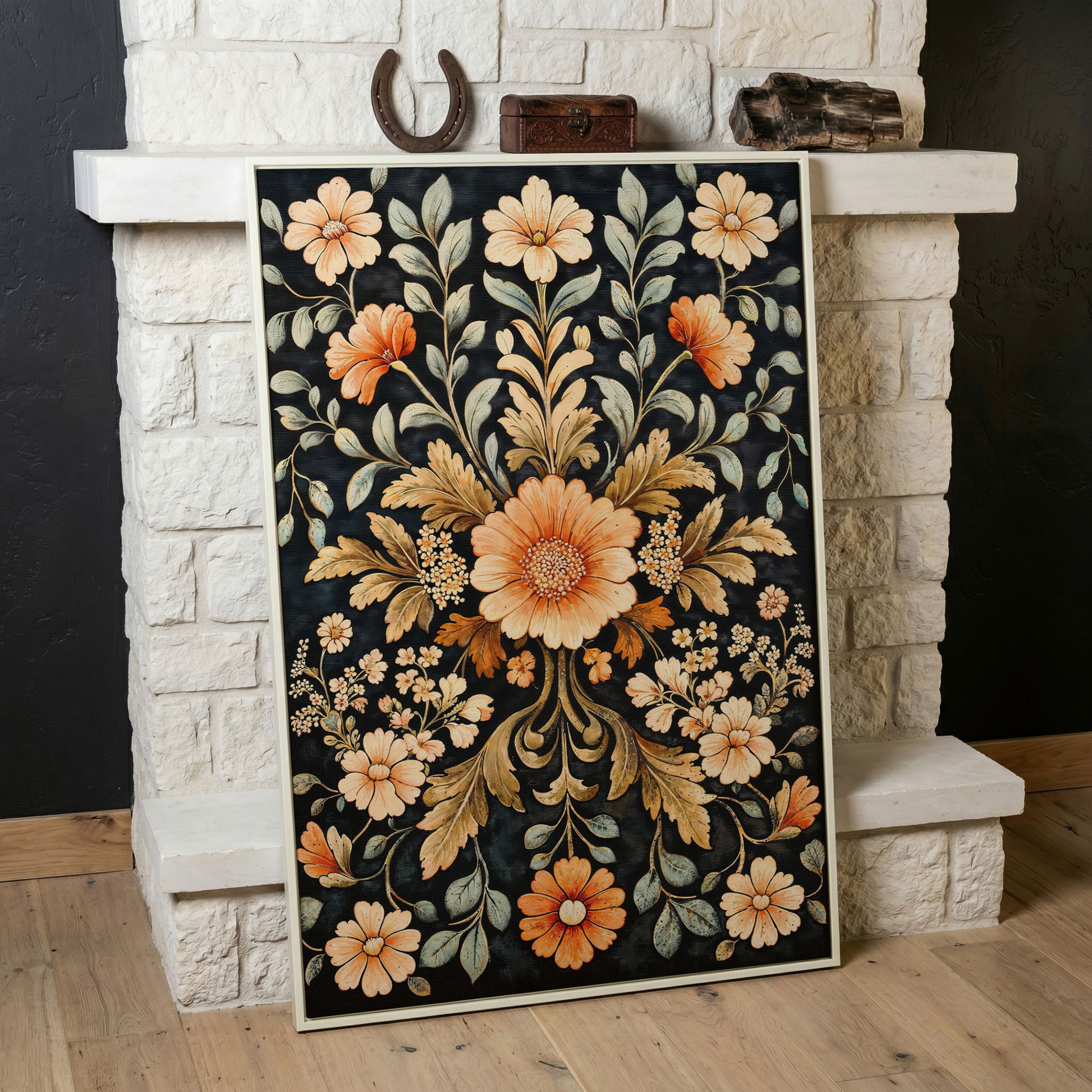 William Morris Vintage Floral Canvas in Burnt Orange and Teal in white floating frame