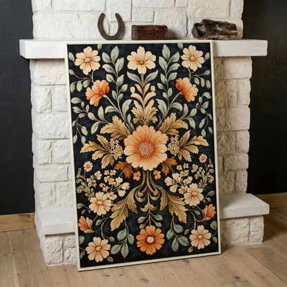 William Morris Vintage Floral Canvas in Burnt Orange and Teal in white floating frame