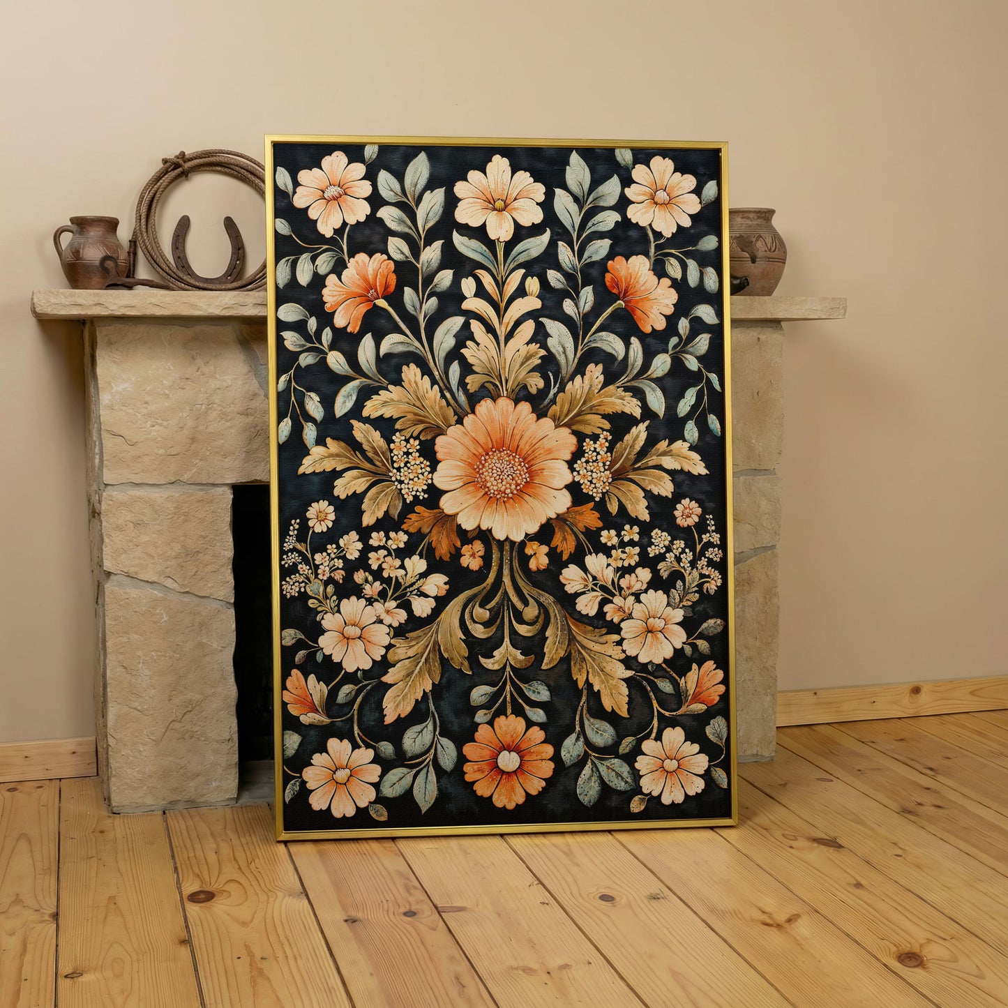 William Morris Vintage Floral Canvas in Burnt Orange and Teal in yellow gold floating frame