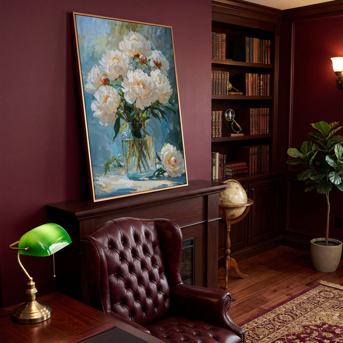 White Peony Bouquet Canvas Print in antique gold floating frame