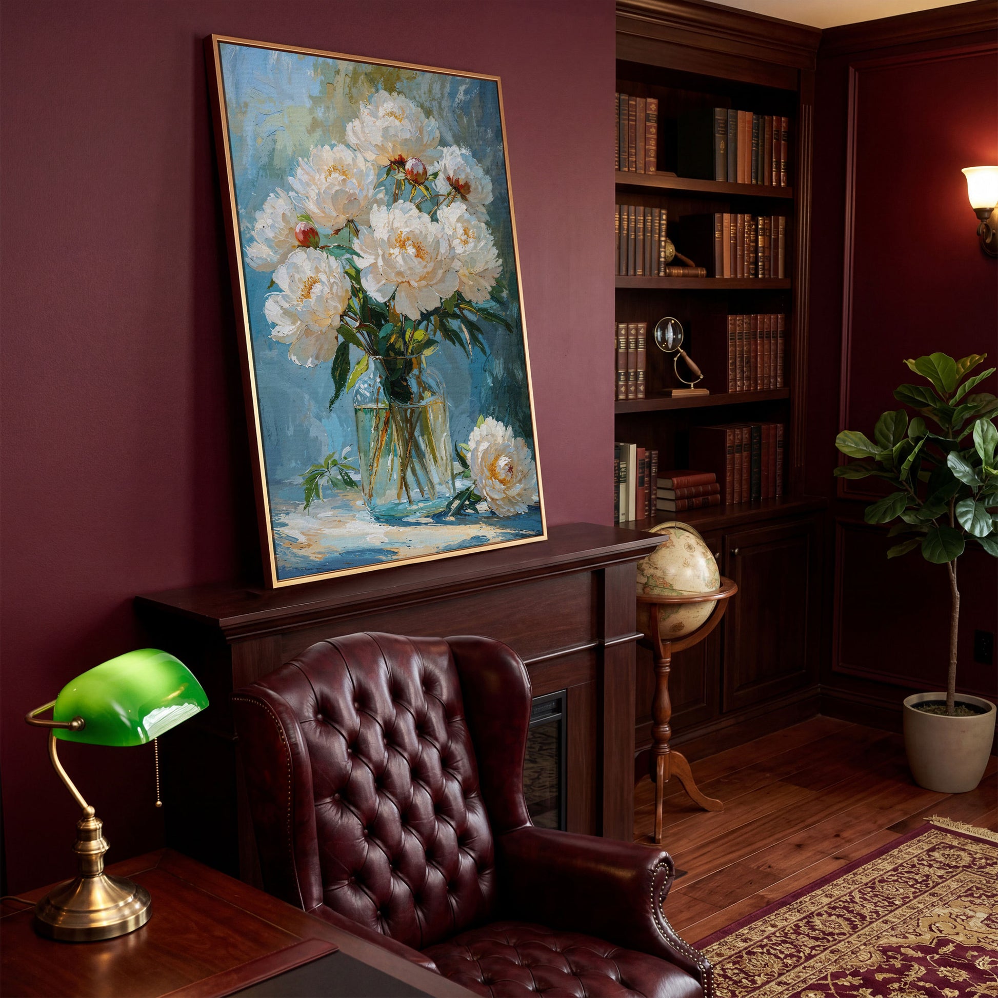 White Peony Bouquet Canvas Print in antique gold floating frame