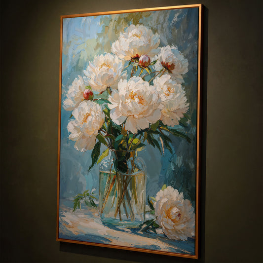 White Peony Bouquet Canvas Print shown in antique gold floating frame