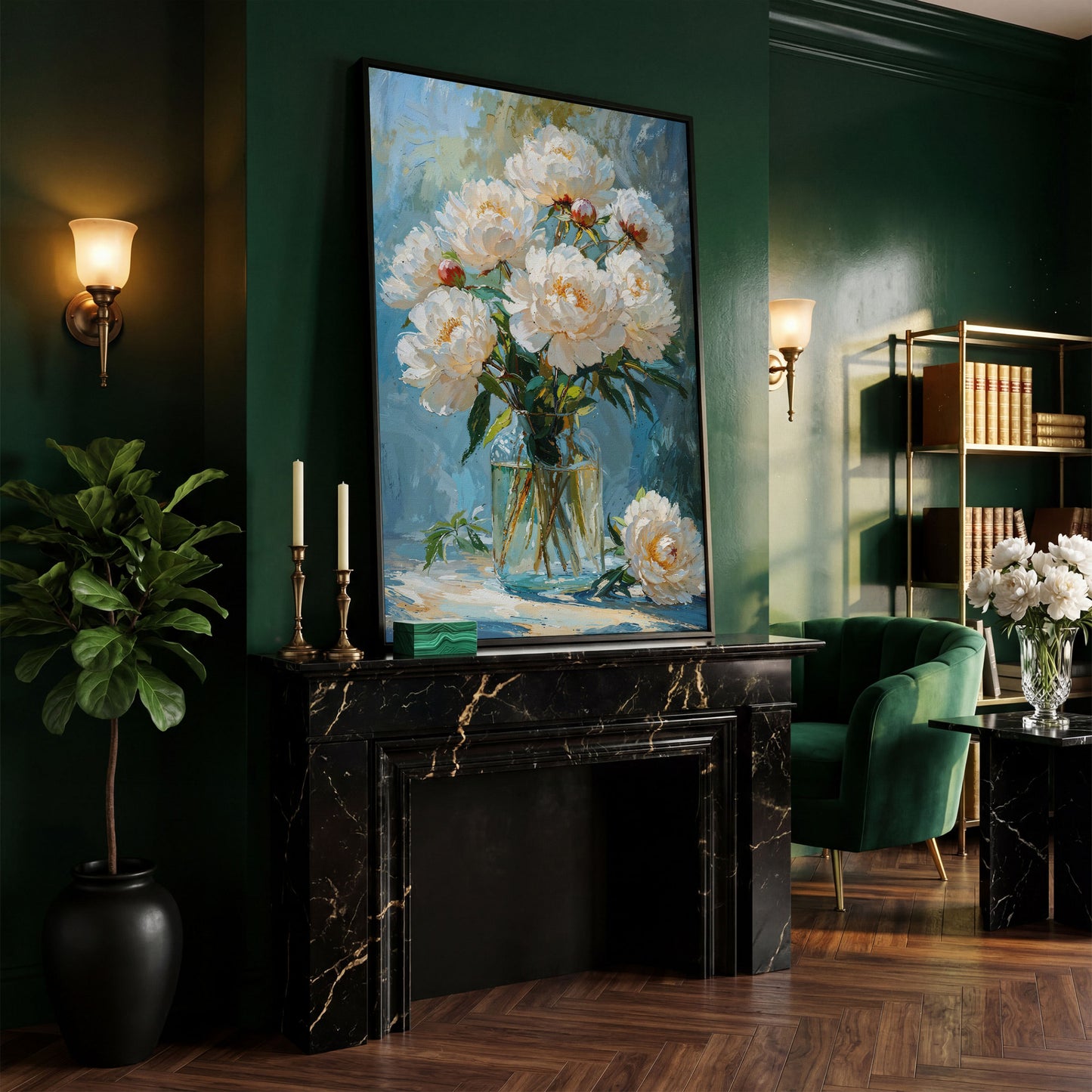 White Peony Bouquet Canvas Print in black floating frame
