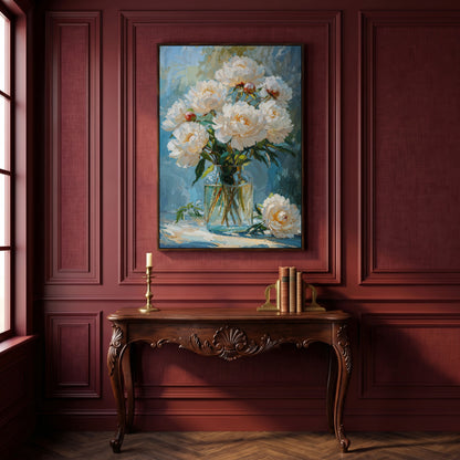 White Peony Bouquet Canvas Print in dark walnut floating frame