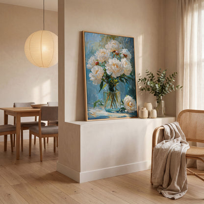 White Peony Bouquet Canvas Print in white oak floating frame