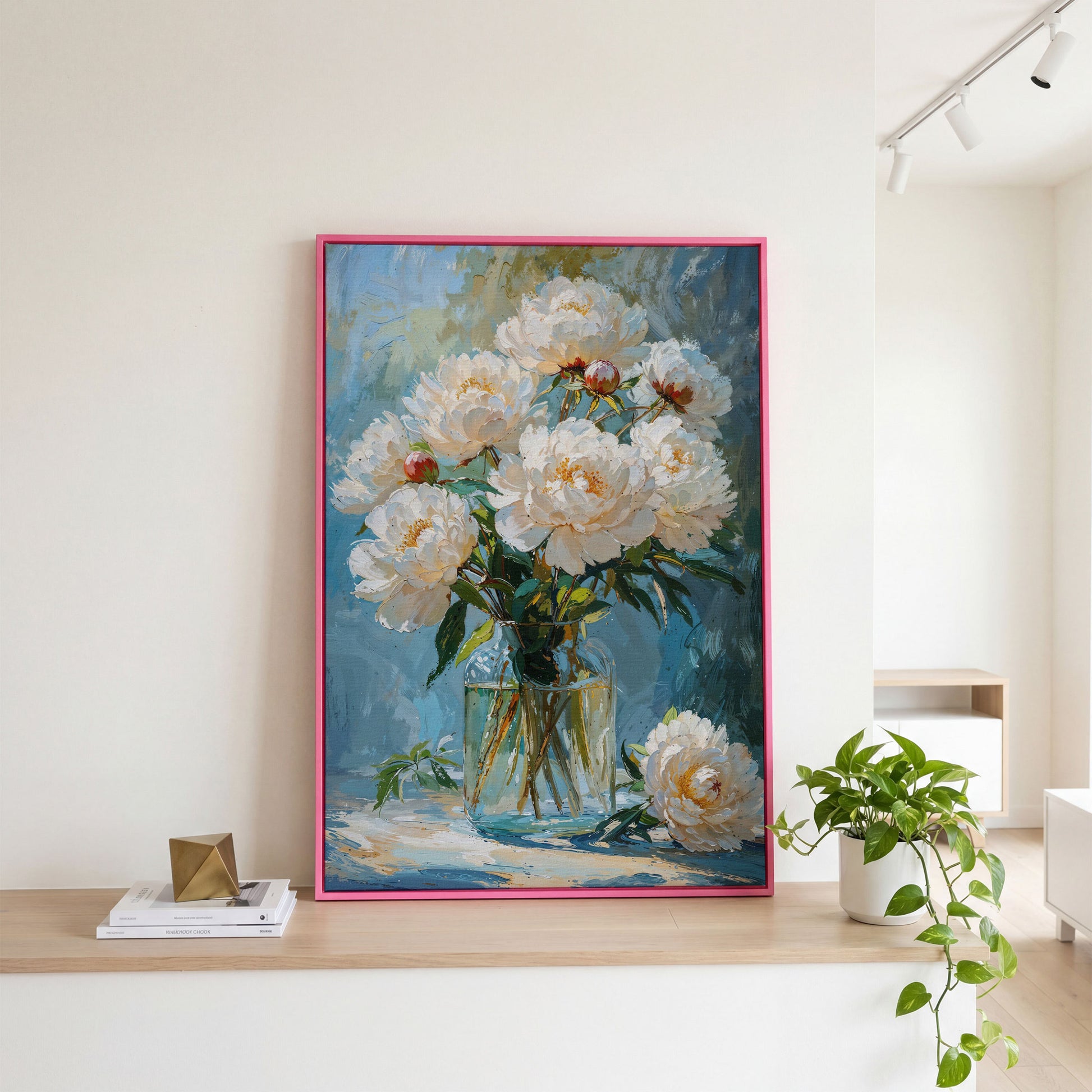 White Peony Bouquet Canvas Print in pink floating frame