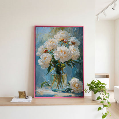 White Peony Bouquet Canvas Print in pink floating frame