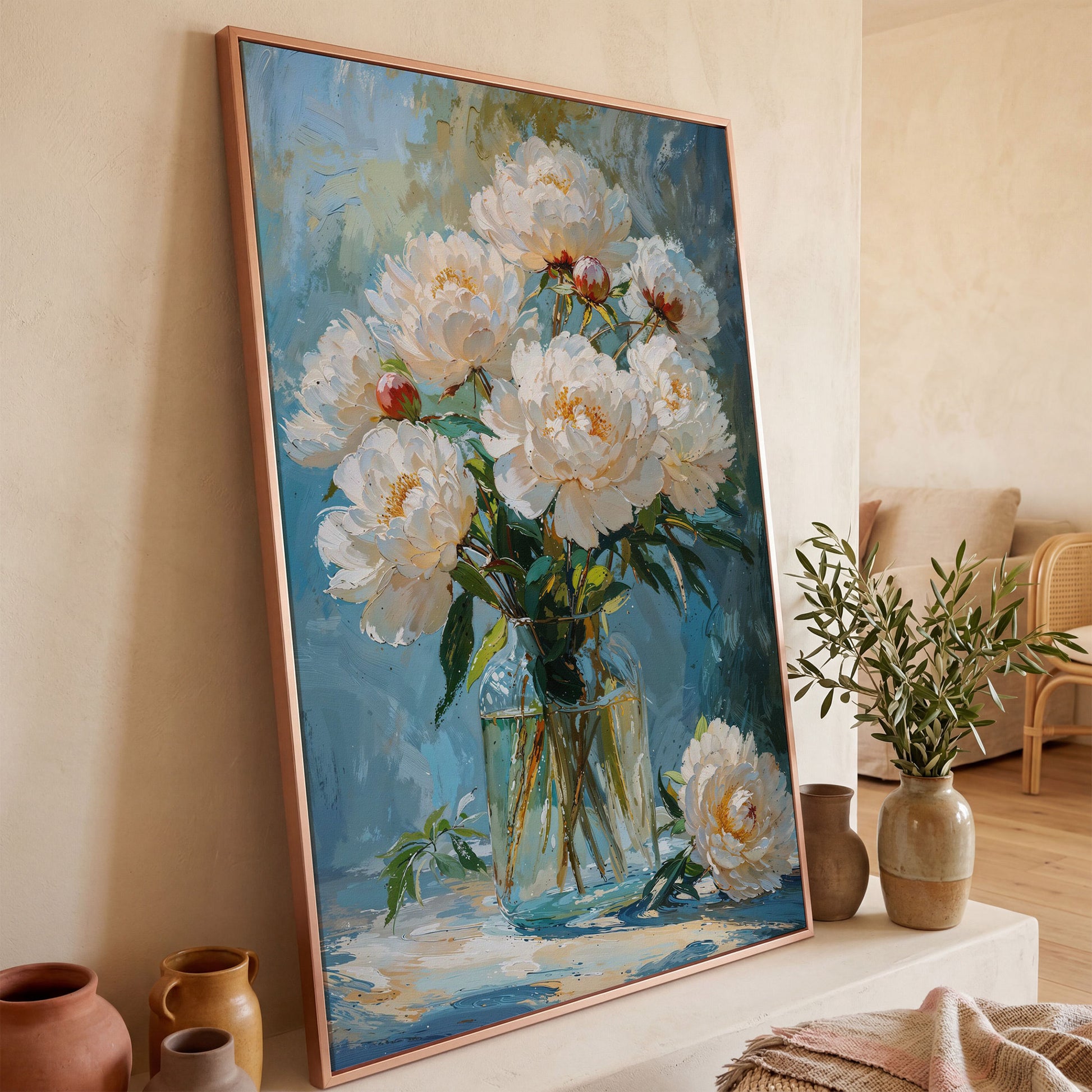 White Peony Bouquet Canvas Print in rose gold floating frame