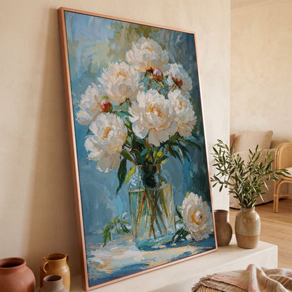 White Peony Bouquet Canvas Print in rose gold floating frame