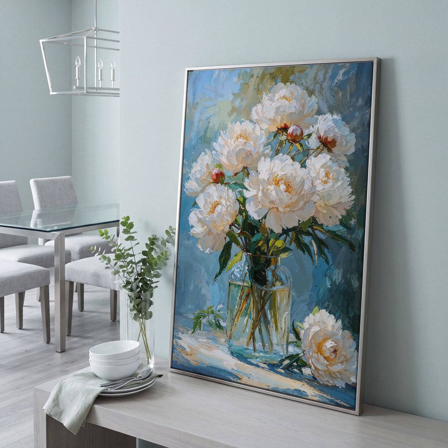 White Peony Bouquet Canvas Print in silver floating frame