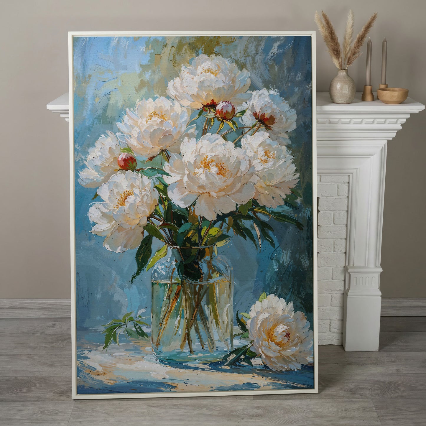 White Peony Bouquet Canvas Print in white floating frame