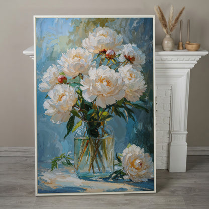 White Peony Bouquet Canvas Print in white floating frame