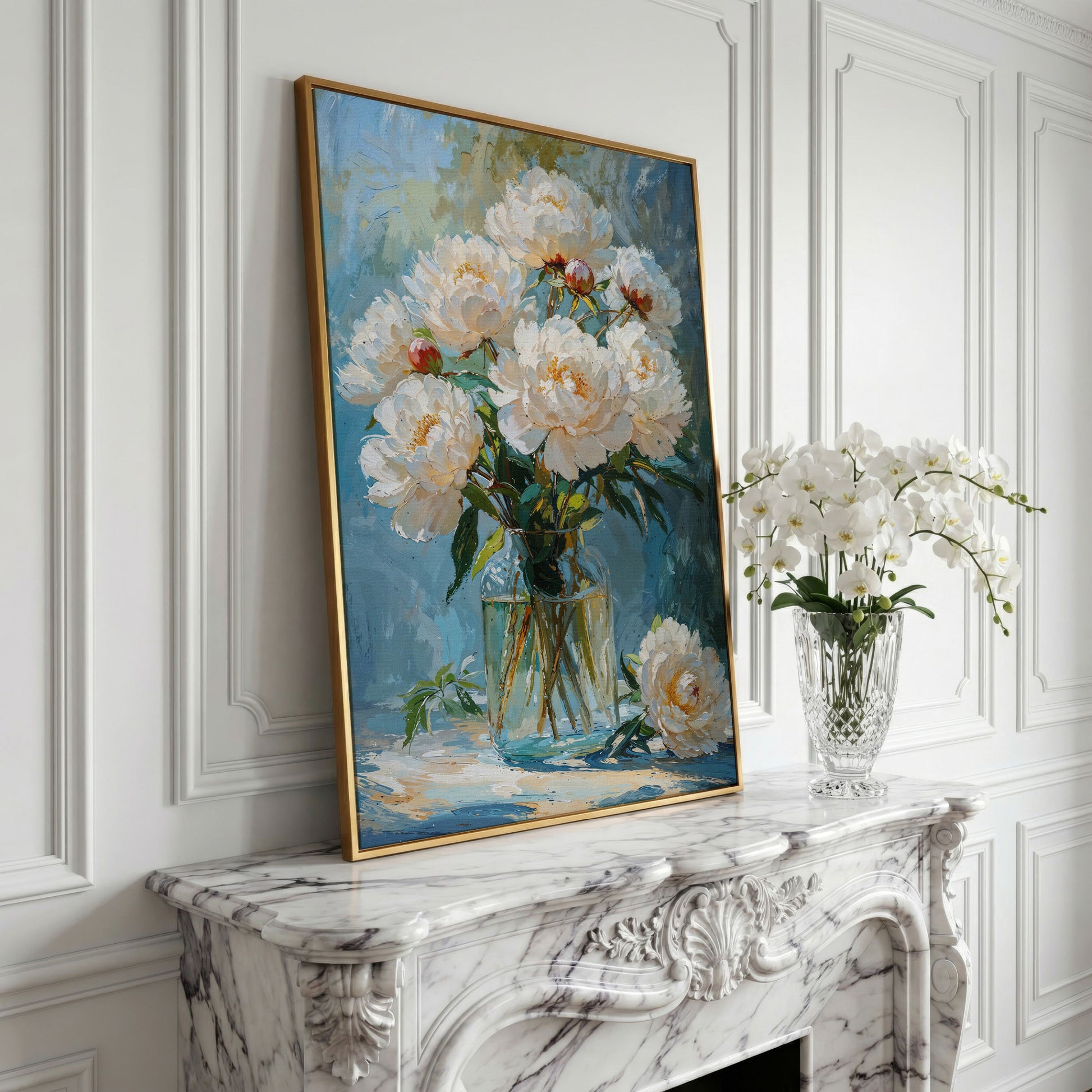 White Peony Bouquet Canvas Print in yellow gold floating frame