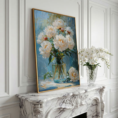 White Peony Bouquet Canvas Print in yellow gold floating frame