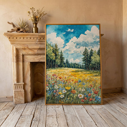 Wildflower Summer Landscape Canvas Art in antique gold floating frame